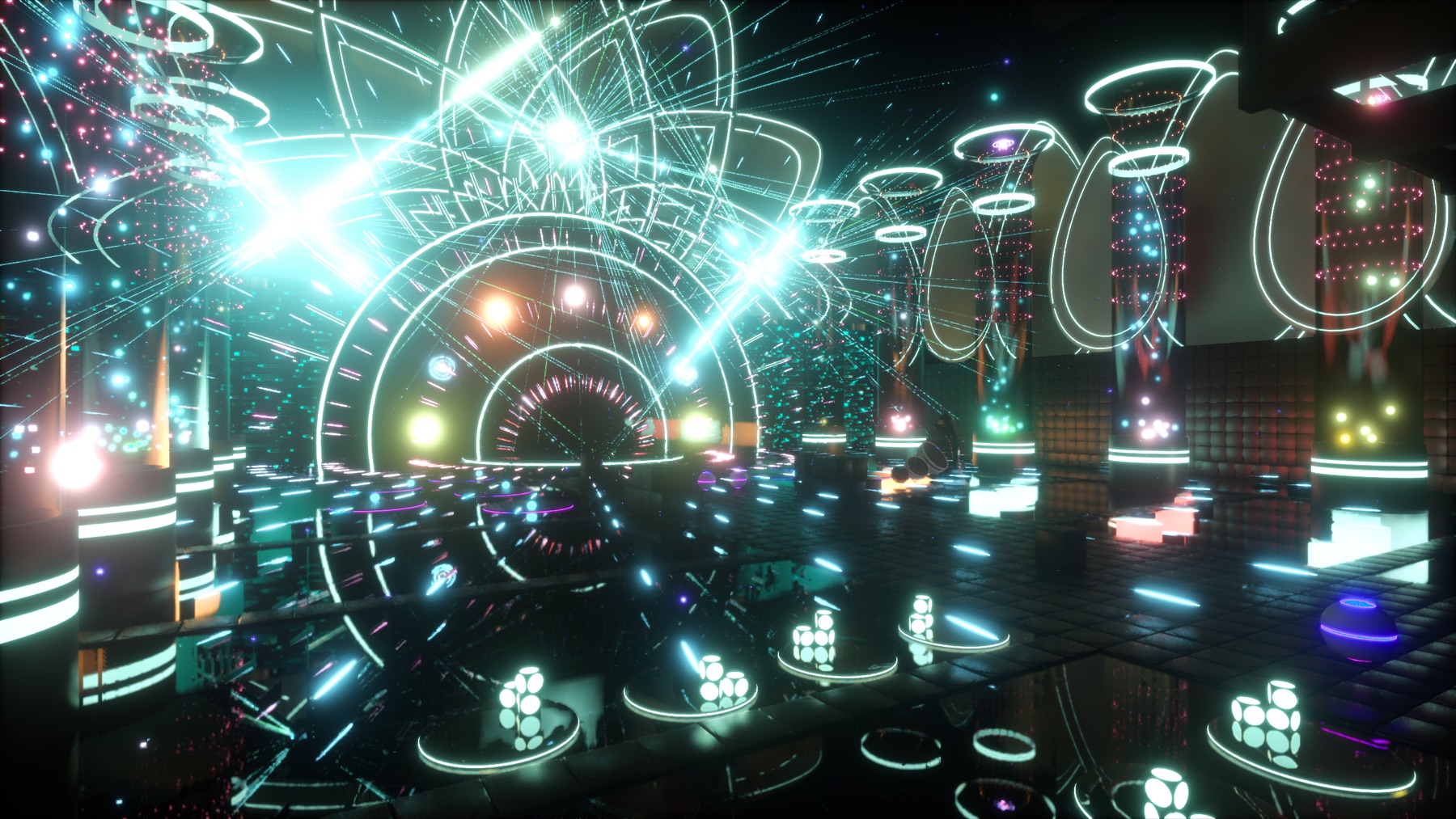 A vivid neon-lit concert space inside a custom dome